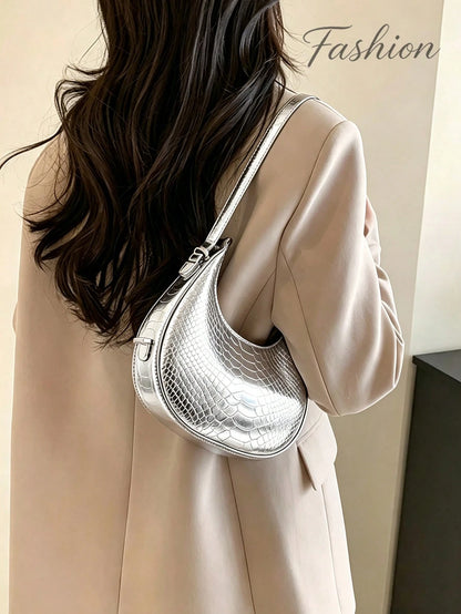 Silver Underarm Bag, Crocodile-Embossed Crescent,Metallic Shiny,Loaf Sexy Street Tote/Hobo,A Top Choice For Datesperfect Parties,Street Style,Clubbing