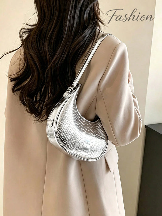 Silver Underarm Bag, Crocodile-Embossed Crescent,Metallic Shiny,Loaf Sexy Street Tote/Hobo,A Top Choice For Datesperfect Parties,Street Style,Clubbing