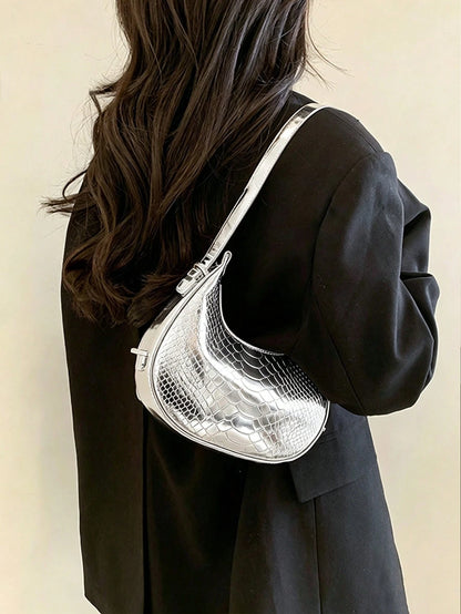Silver Underarm Bag, Crocodile-Embossed Crescent,Metallic Shiny,Loaf Sexy Street Tote/Hobo,A Top Choice For Datesperfect Parties,Street Style,Clubbing