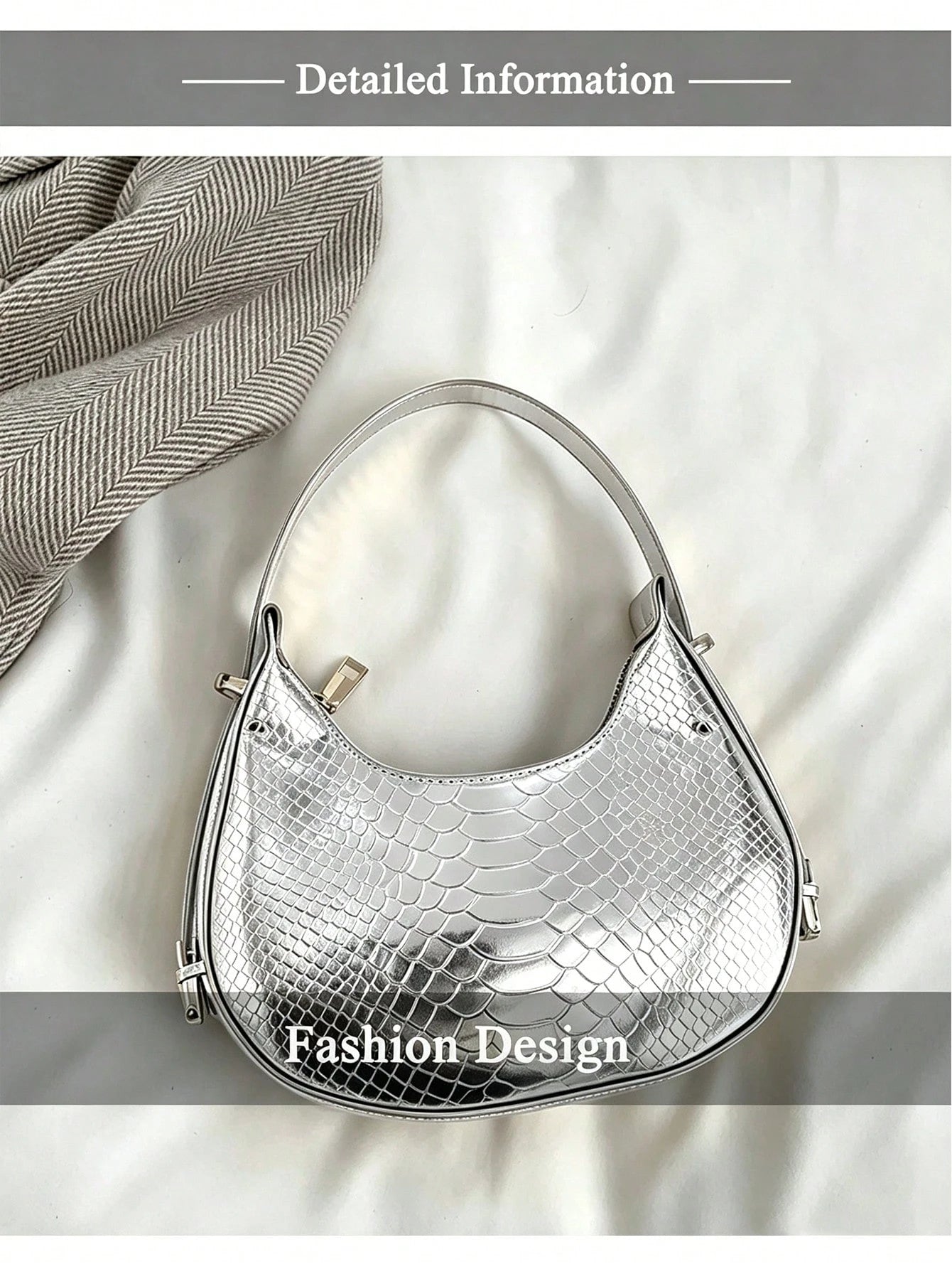 Silver Underarm Bag, Crocodile-Embossed Crescent,Metallic Shiny,Loaf Sexy Street Tote/Hobo,A Top Choice For Datesperfect Parties,Street Style,Clubbing