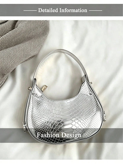 Silver Underarm Bag, Crocodile-Embossed Crescent,Metallic Shiny,Loaf Sexy Street Tote/Hobo,A Top Choice For Datesperfect Parties,Street Style,Clubbing