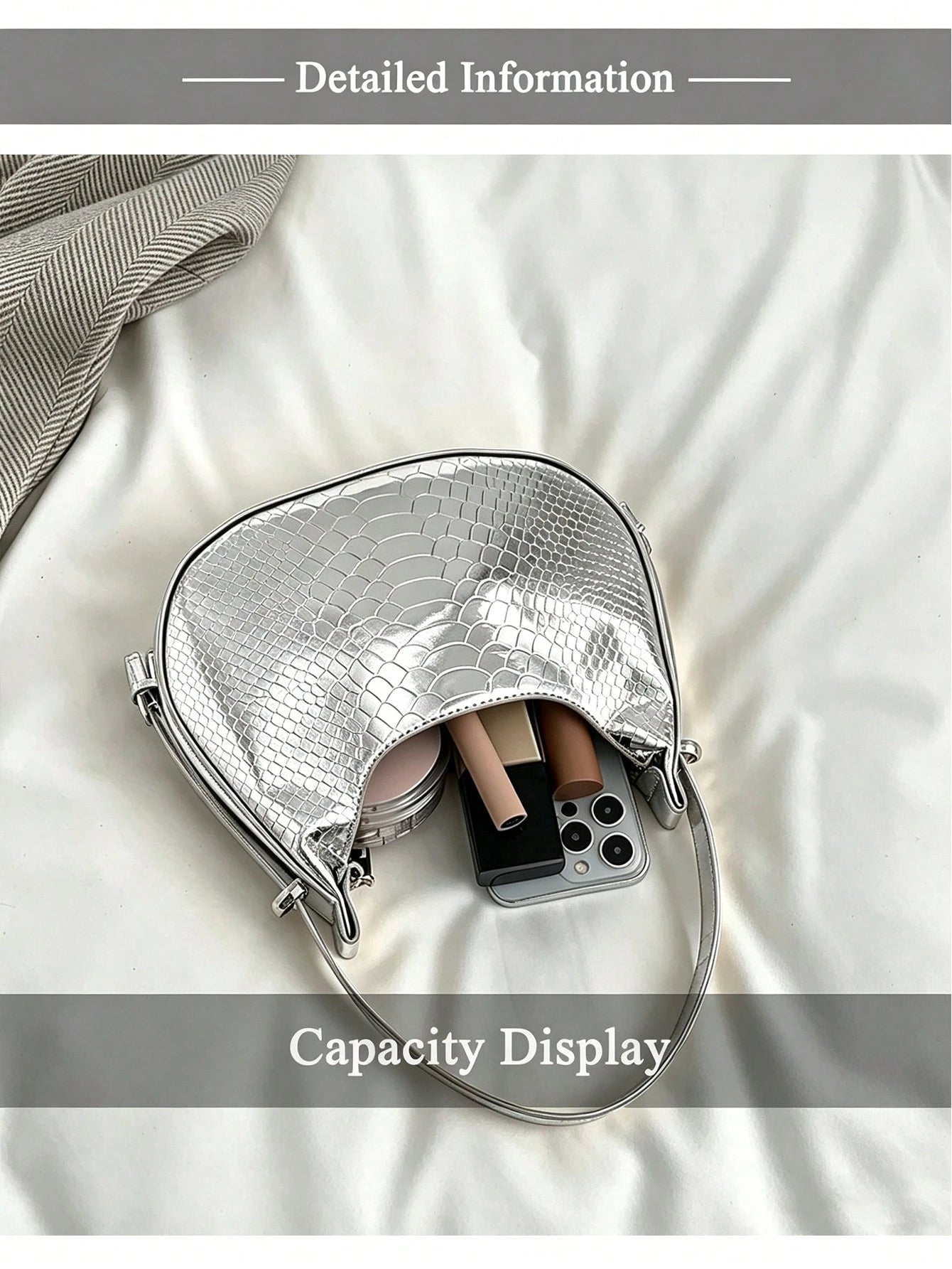 Silver Underarm Bag, Crocodile-Embossed Crescent,Metallic Shiny,Loaf Sexy Street Tote/Hobo,A Top Choice For Datesperfect Parties,Street Style,Clubbing