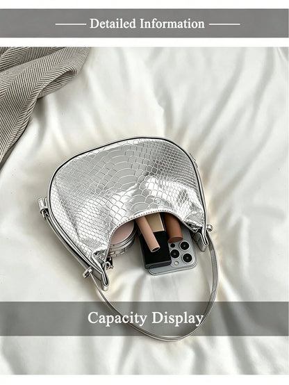 Silver Underarm Bag, Crocodile-Embossed Crescent,Metallic Shiny,Loaf Sexy Street Tote/Hobo,A Top Choice For Datesperfect Parties,Street Style,Clubbing