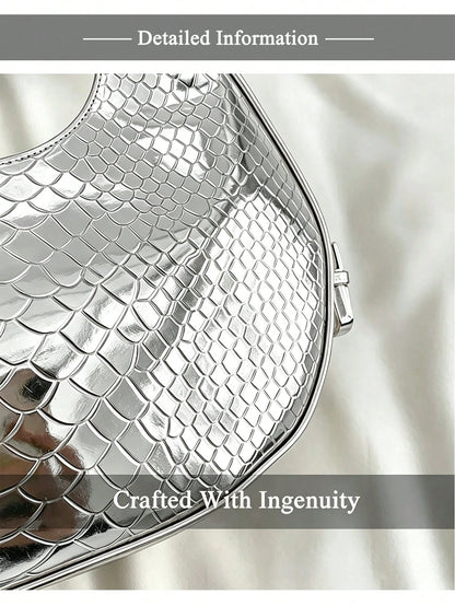 Silver Underarm Bag, Crocodile-Embossed Crescent,Metallic Shiny,Loaf Sexy Street Tote/Hobo,A Top Choice For Datesperfect Parties,Street Style,Clubbing