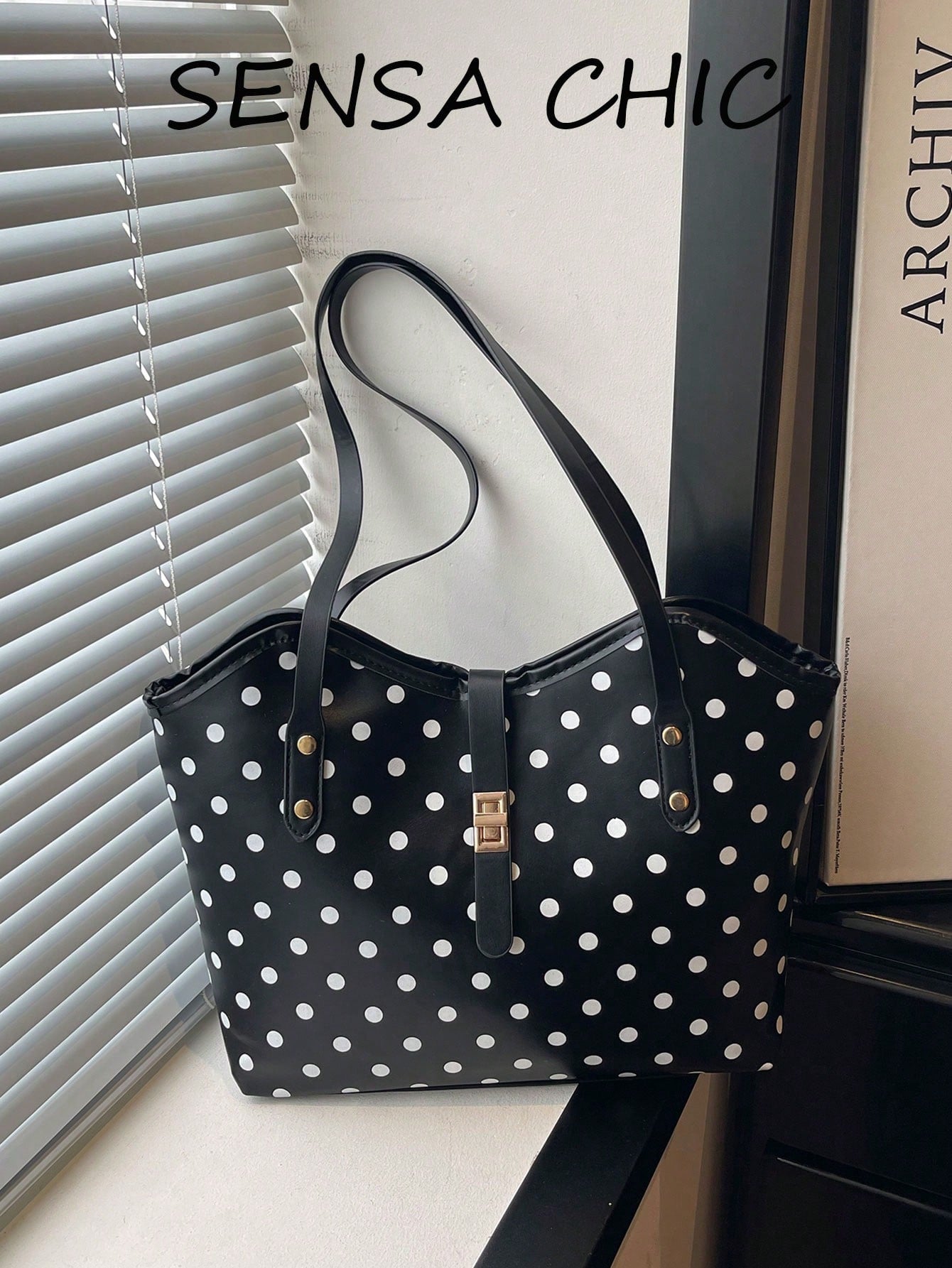 Simple Polka Dot Pattern Large Tote Handbag, Adjustable Metal Lock Shoulder Bag Lightweight Portable Purse For Daily Casual Occasions