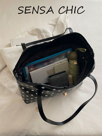 Simple Polka Dot Pattern Large Tote Handbag, Adjustable Metal Lock Shoulder Bag Lightweight Portable Purse For Daily Casual Occasions