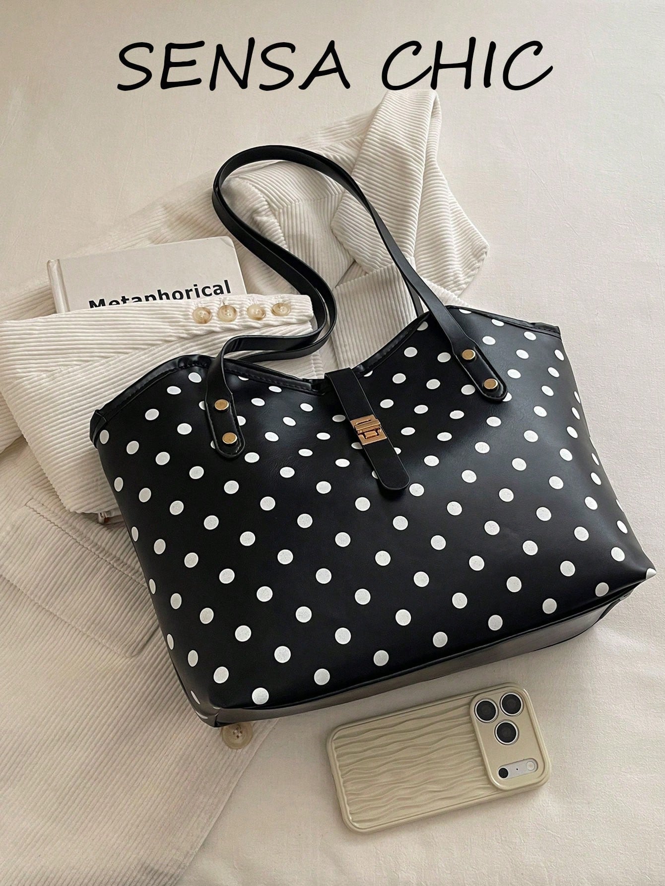 Simple Polka Dot Pattern Large Tote Handbag, Adjustable Metal Lock Shoulder Bag Lightweight Portable Purse For Daily Casual Occasions