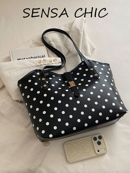 Simple Polka Dot Pattern Large Tote Handbag, Adjustable Metal Lock Shoulder Bag Lightweight Portable Purse For Daily Casual Occasions