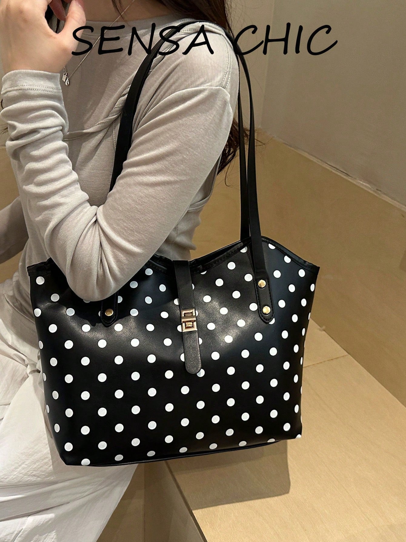 Simple Polka Dot Pattern Large Tote Handbag, Adjustable Metal Lock Shoulder Bag Lightweight Portable Purse For Daily Casual Occasions
