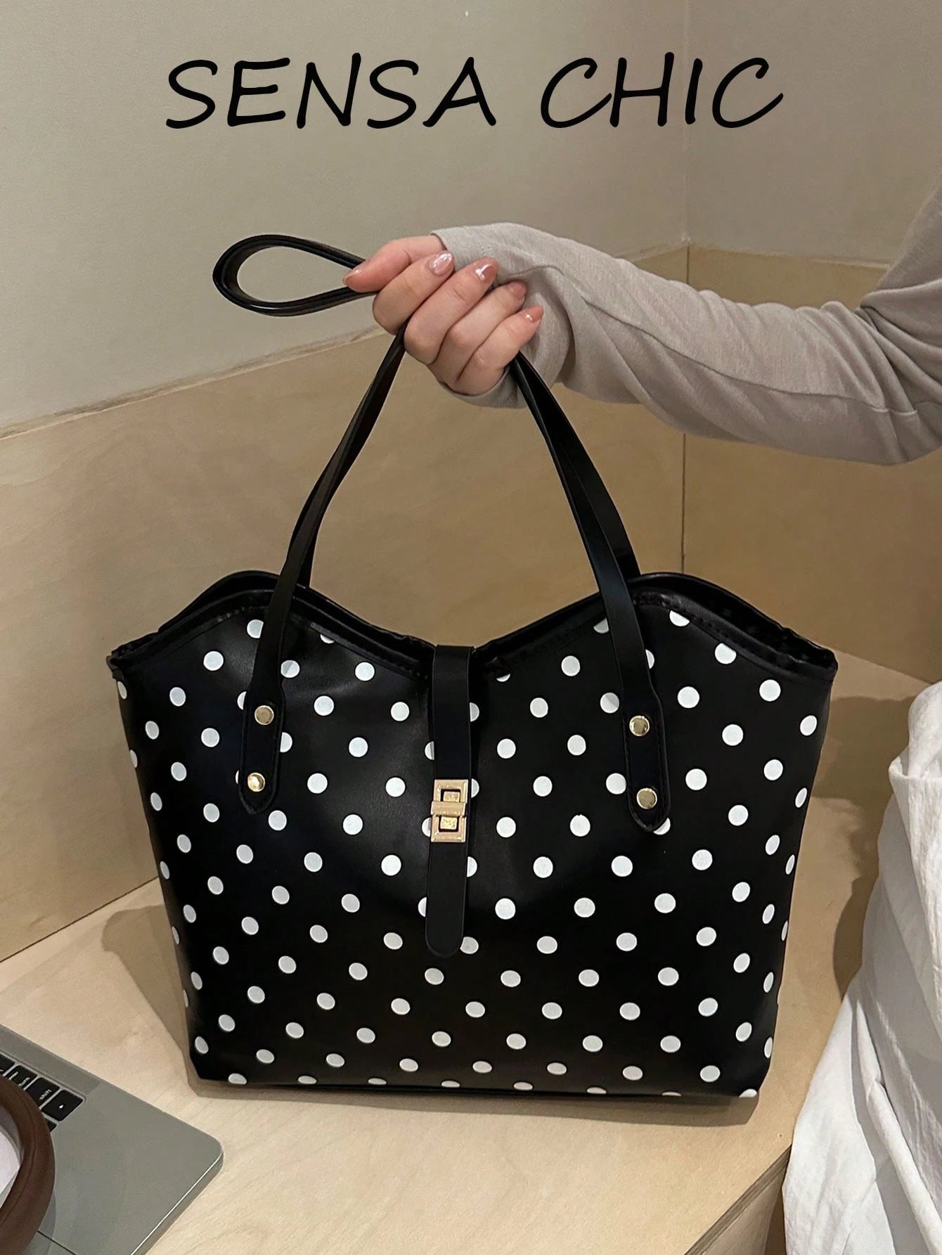 Simple Polka Dot Pattern Large Tote Handbag, Adjustable Metal Lock Shoulder Bag Lightweight Portable Purse For Daily Casual Occasions