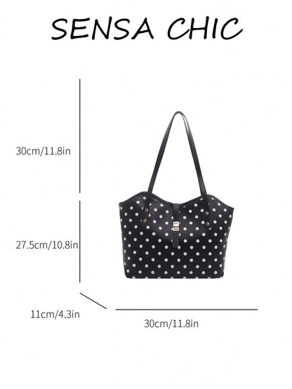 Simple Polka Dot Pattern Large Tote Handbag, Adjustable Metal Lock Shoulder Bag Lightweight Portable Purse For Daily Casual Occasions