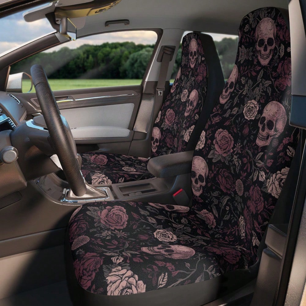 Skull Rose Car Seat Covers 1PC/2Pcs Double-Sided Brushed Milk Silk Boho Goth Floral Style Auto Seat Protectors