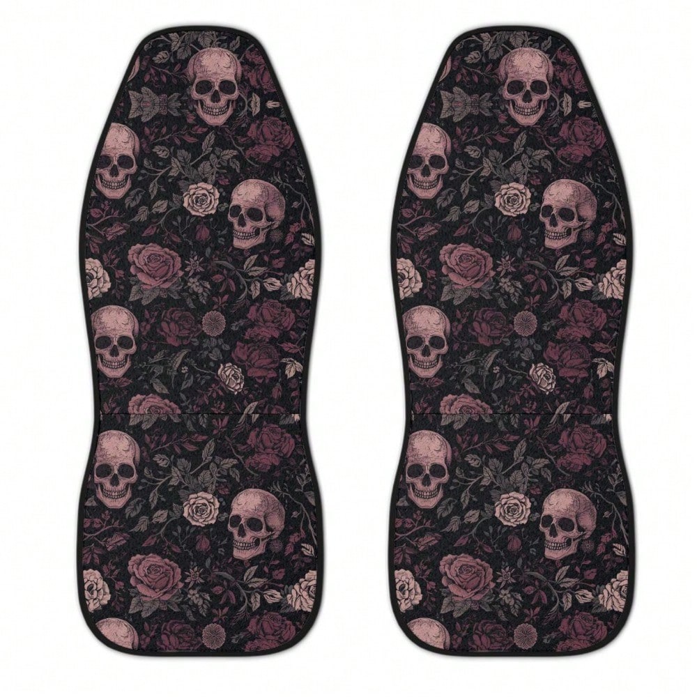 Skull Rose Car Seat Covers 1PC/2Pcs Double-Sided Brushed Milk Silk Boho Goth Floral Style Auto Seat Protectors