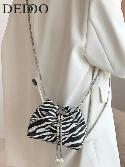 Small Bucket Bag Zebra Striped Pattern Drawstring Design Pearl Decor