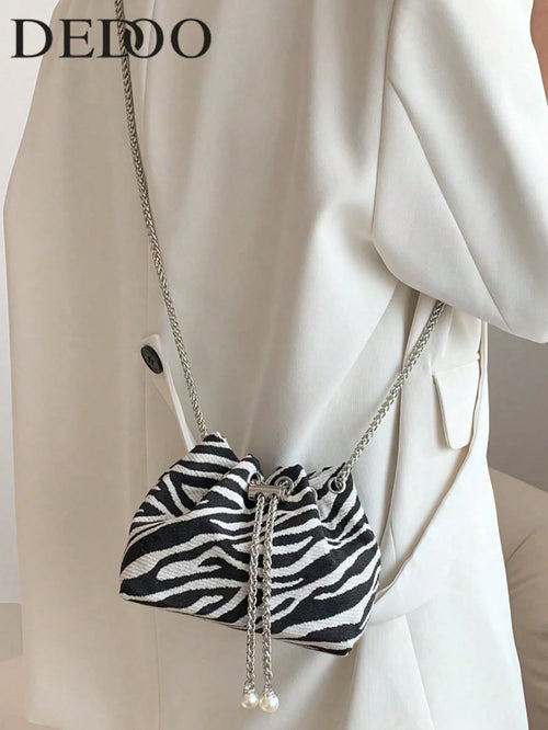 Small Bucket Bag Zebra Striped Pattern Drawstring Design Pearl Decor