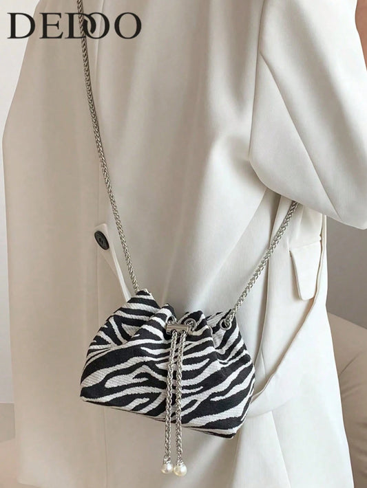 Small Bucket Bag Zebra Striped Pattern Drawstring Design Pearl Decor