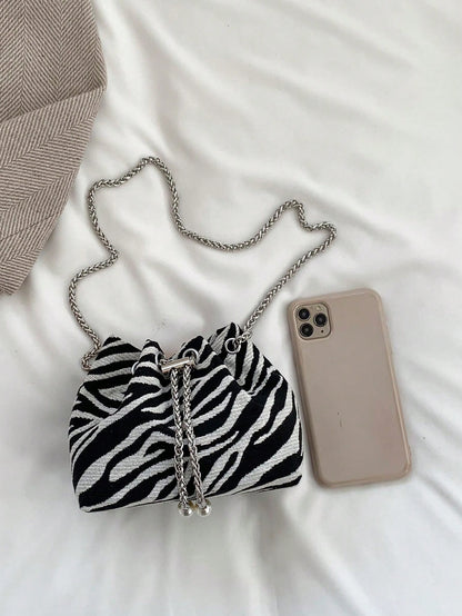 Small Bucket Bag Zebra Striped Pattern Drawstring Design Pearl Decor
