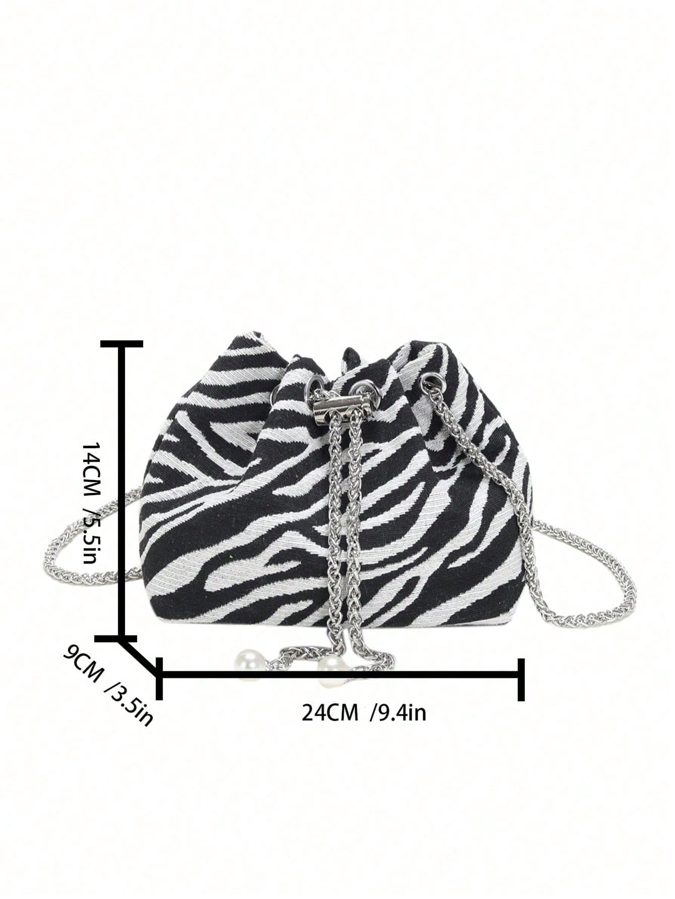 Small Bucket Bag Zebra Striped Pattern Drawstring Design Pearl Decor