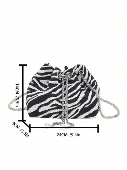Small Bucket Bag Zebra Striped Pattern Drawstring Design Pearl Decor