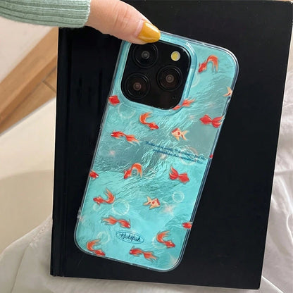 Small Fish Swimming Pattern, Glacier Texture Transparent Sides Phone Case For IPhone 17air/16/15Pro/14/13pro12Pro Max/16Plus 11 Xs Max Cover