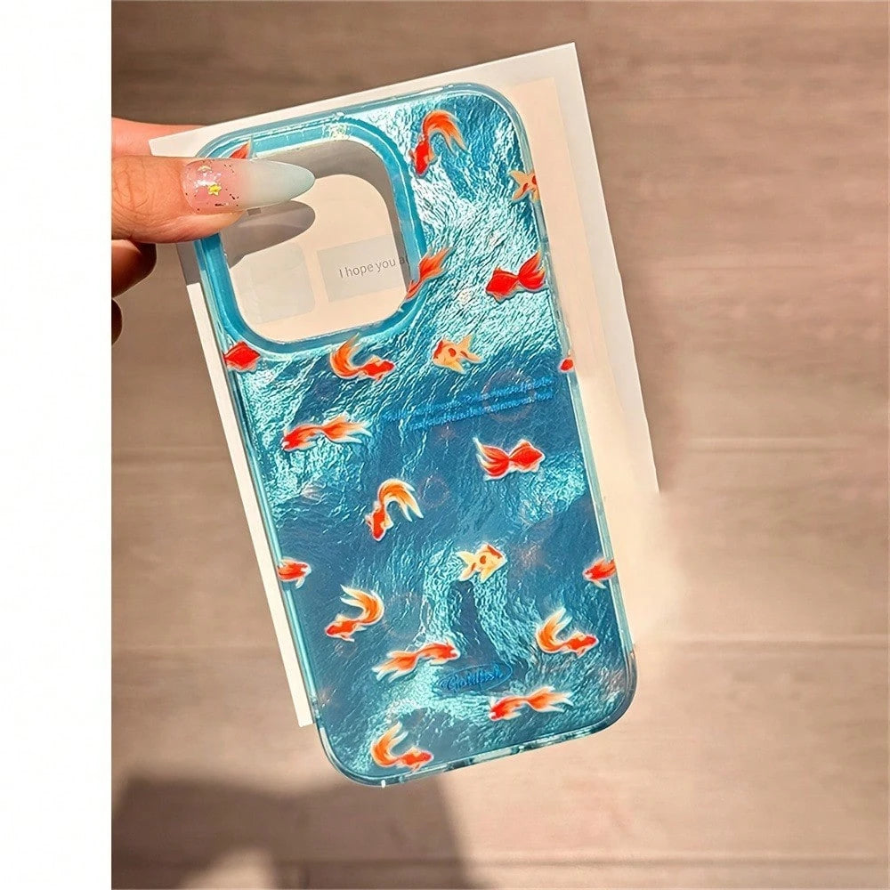 Small Fish Swimming Pattern, Glacier Texture Transparent Sides Phone Case For IPhone 17air/16/15Pro/14/13pro12Pro Max/16Plus 11 Xs Max Cover