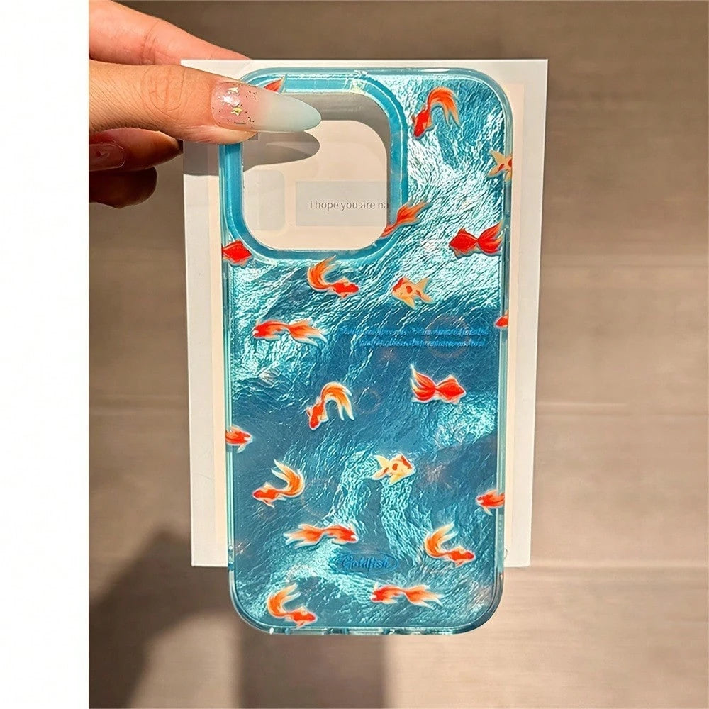 Small Fish Swimming Pattern, Glacier Texture Transparent Sides Phone Case For IPhone 17air/16/15Pro/14/13pro12Pro Max/16Plus 11 Xs Max Cover