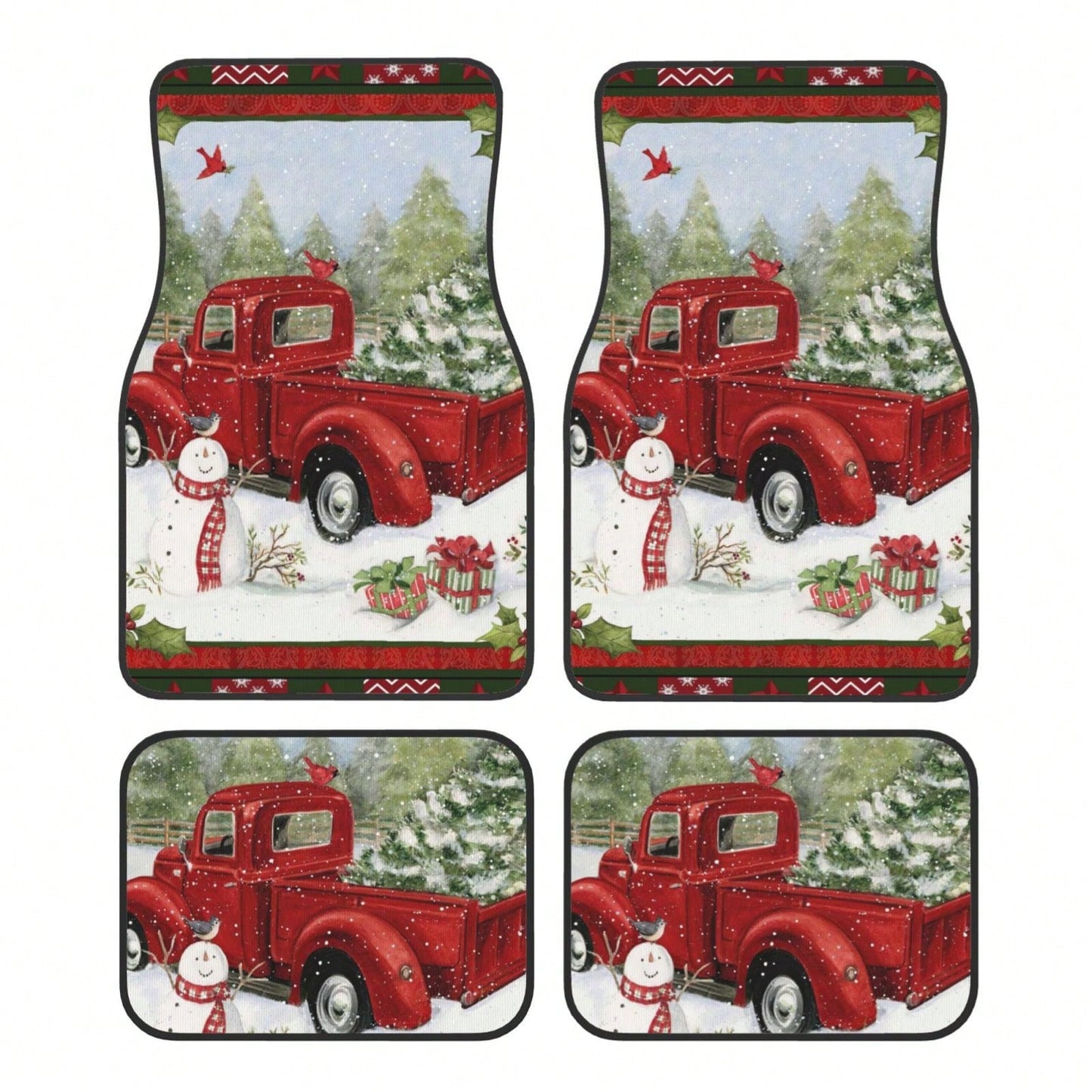 Snowman Christmas Tree With Red Pickup Truck Car Floor Carpet Set Of 4, Auto Interior Floor Mats Durable Front & Rear Carpets For Car Accessories Decoration