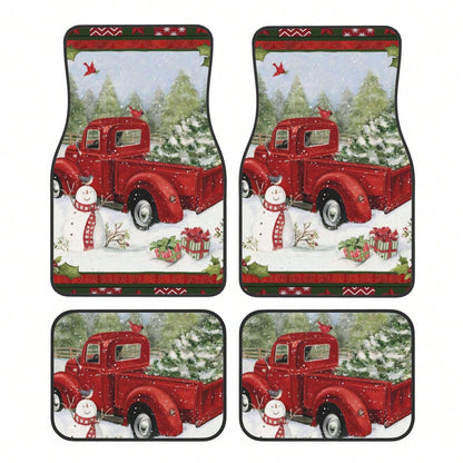 Snowman Christmas Tree With Red Pickup Truck Car Floor Carpet Set Of 4, Auto Interior Floor Mats Durable Front & Rear Carpets For Car Accessories Decoration