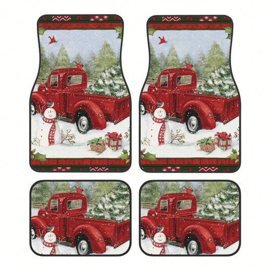 Snowman Christmas Tree With Red Pickup Truck Car Floor Carpet Set Of 4, Auto Interior Floor Mats Durable Front & Rear Carpets For Car Accessories Decoration