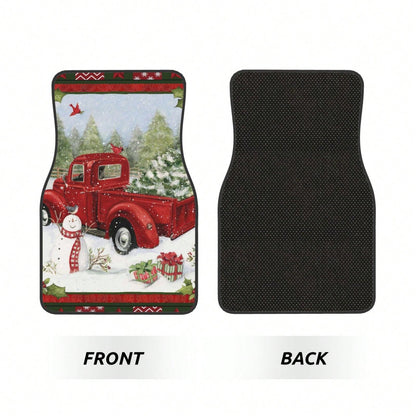 Snowman Christmas Tree With Red Pickup Truck Car Floor Carpet Set Of 4, Auto Interior Floor Mats Durable Front & Rear Carpets For Car Accessories Decoration