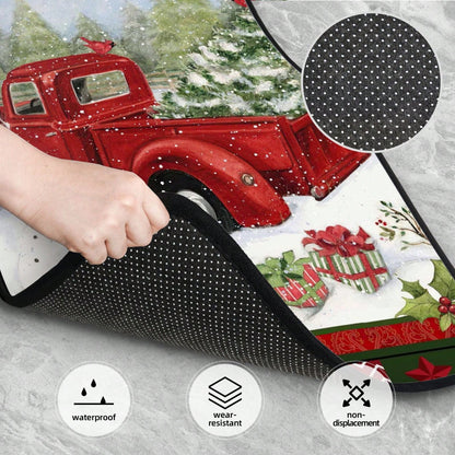 Snowman Christmas Tree With Red Pickup Truck Car Floor Carpet Set Of 4, Auto Interior Floor Mats Durable Front & Rear Carpets For Car Accessories Decoration