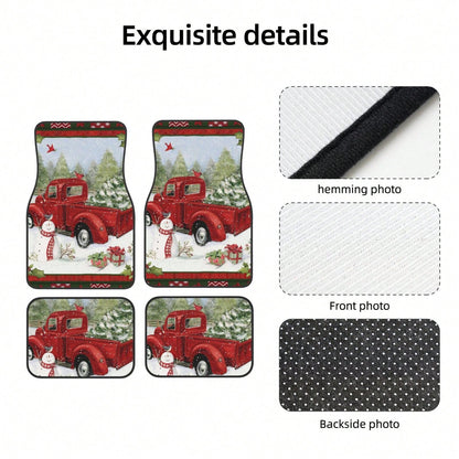 Snowman Christmas Tree With Red Pickup Truck Car Floor Carpet Set Of 4, Auto Interior Floor Mats Durable Front & Rear Carpets For Car Accessories Decoration