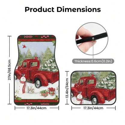 Snowman Christmas Tree With Red Pickup Truck Car Floor Carpet Set Of 4, Auto Interior Floor Mats Durable Front & Rear Carpets For Car Accessories Decoration