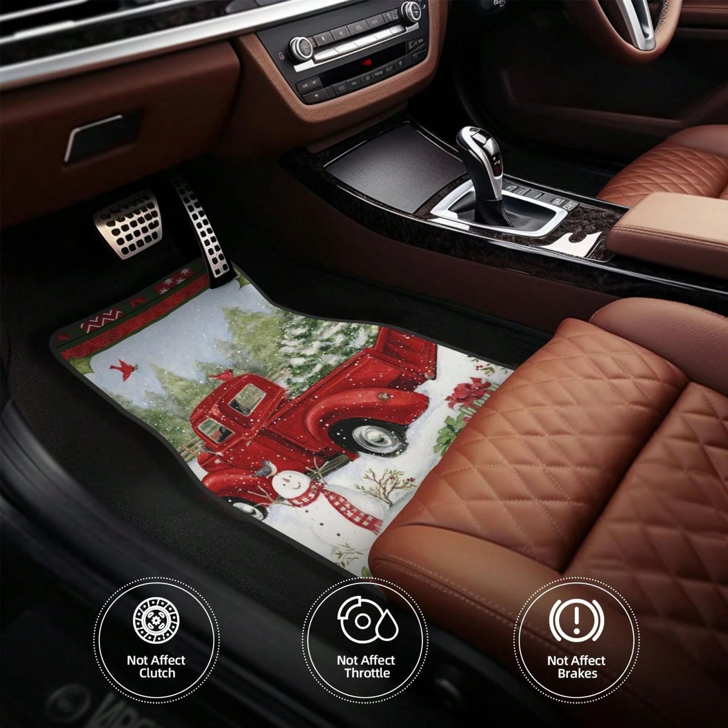 Snowman Christmas Tree With Red Pickup Truck Car Floor Carpet Set Of 4, Auto Interior Floor Mats Durable Front & Rear Carpets For Car Accessories Decoration
