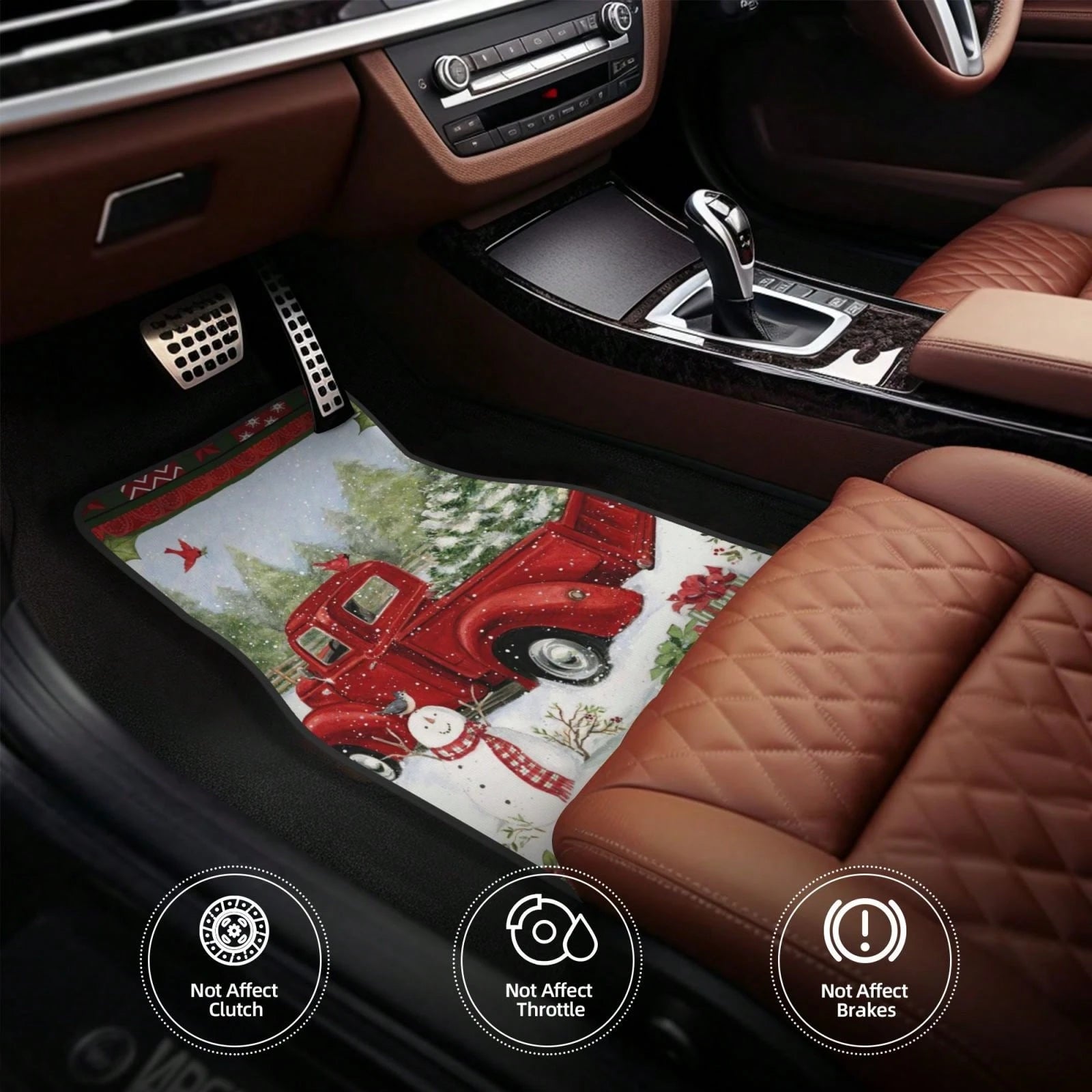 Snowman Christmas Tree With Red Pickup Truck Car Floor Carpet Set Of 4, Auto Interior Floor Mats Durable Front & Rear Carpets For Car Accessories Decoration