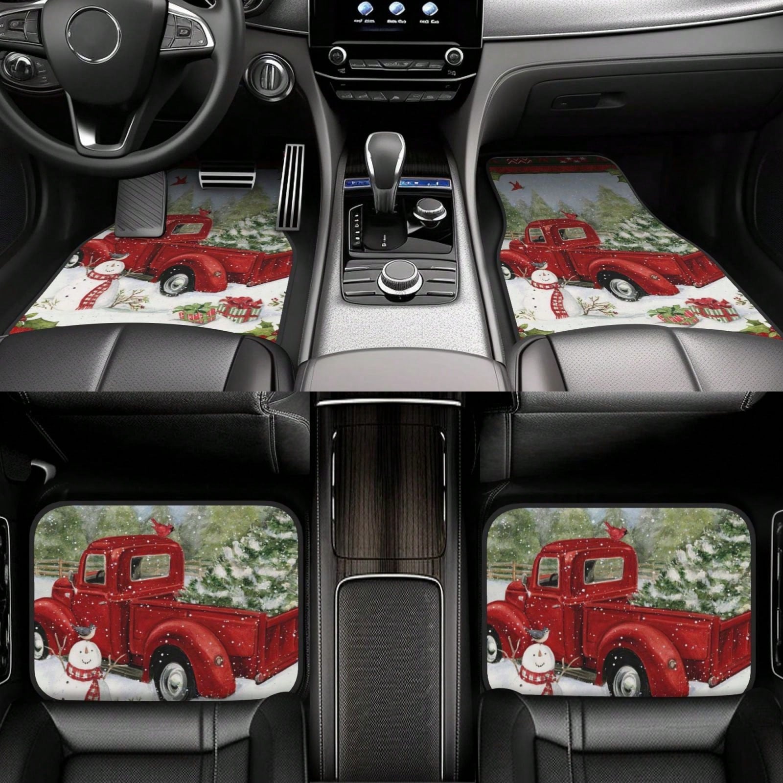 Snowman Christmas Tree With Red Pickup Truck Car Floor Carpet Set Of 4, Auto Interior Floor Mats Durable Front & Rear Carpets For Car Accessories Decoration