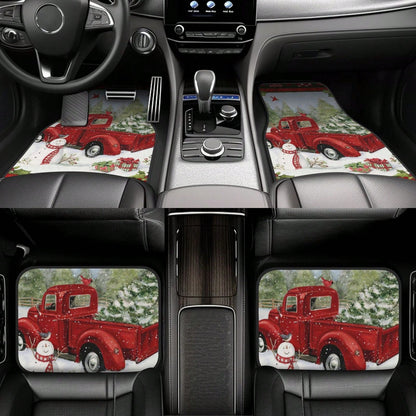 Snowman Christmas Tree With Red Pickup Truck Car Floor Carpet Set Of 4, Auto Interior Floor Mats Durable Front & Rear Carpets For Car Accessories Decoration