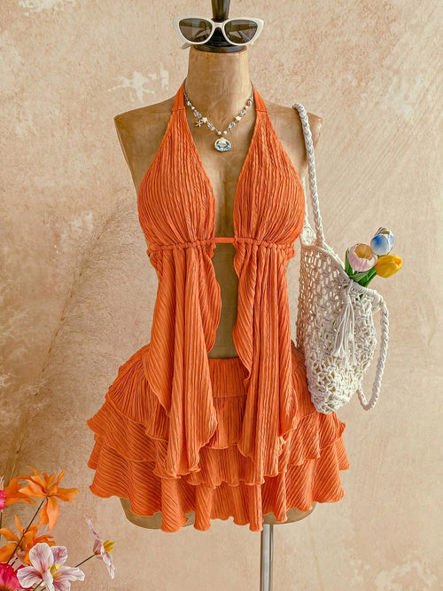 Soleia 2pcs/Set Women's Burnt Orange Summer Tropical Sexy Elegant Holiday Vacation Knit Halter Neck Asymmetric Hem Top + Low Waist Layered Ruffle Skirt Beach