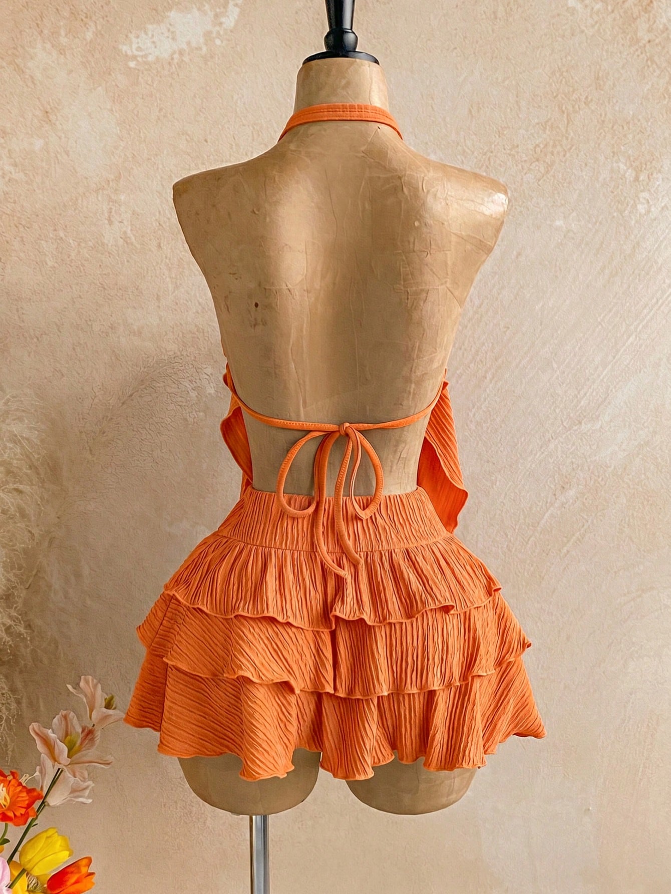 Soleia 2pcs/Set Women's Burnt Orange Summer Tropical Sexy Elegant Holiday Vacation Knit Halter Neck Asymmetric Hem Top + Low Waist Layered Ruffle Skirt Beach