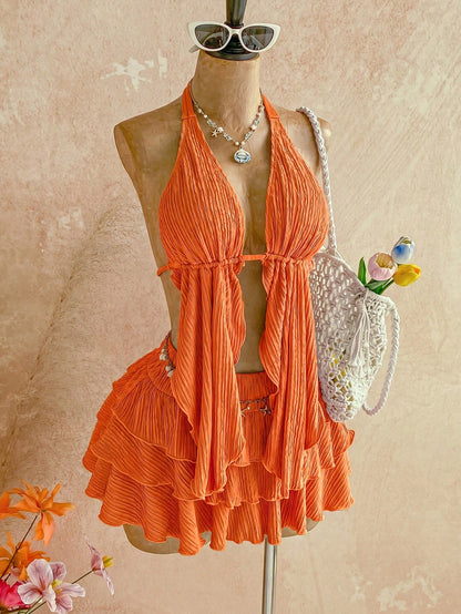 Soleia 2pcs/Set Women's Burnt Orange Summer Tropical Sexy Elegant Holiday Vacation Knit Halter Neck Asymmetric Hem Top + Low Waist Layered Ruffle Skirt Beach