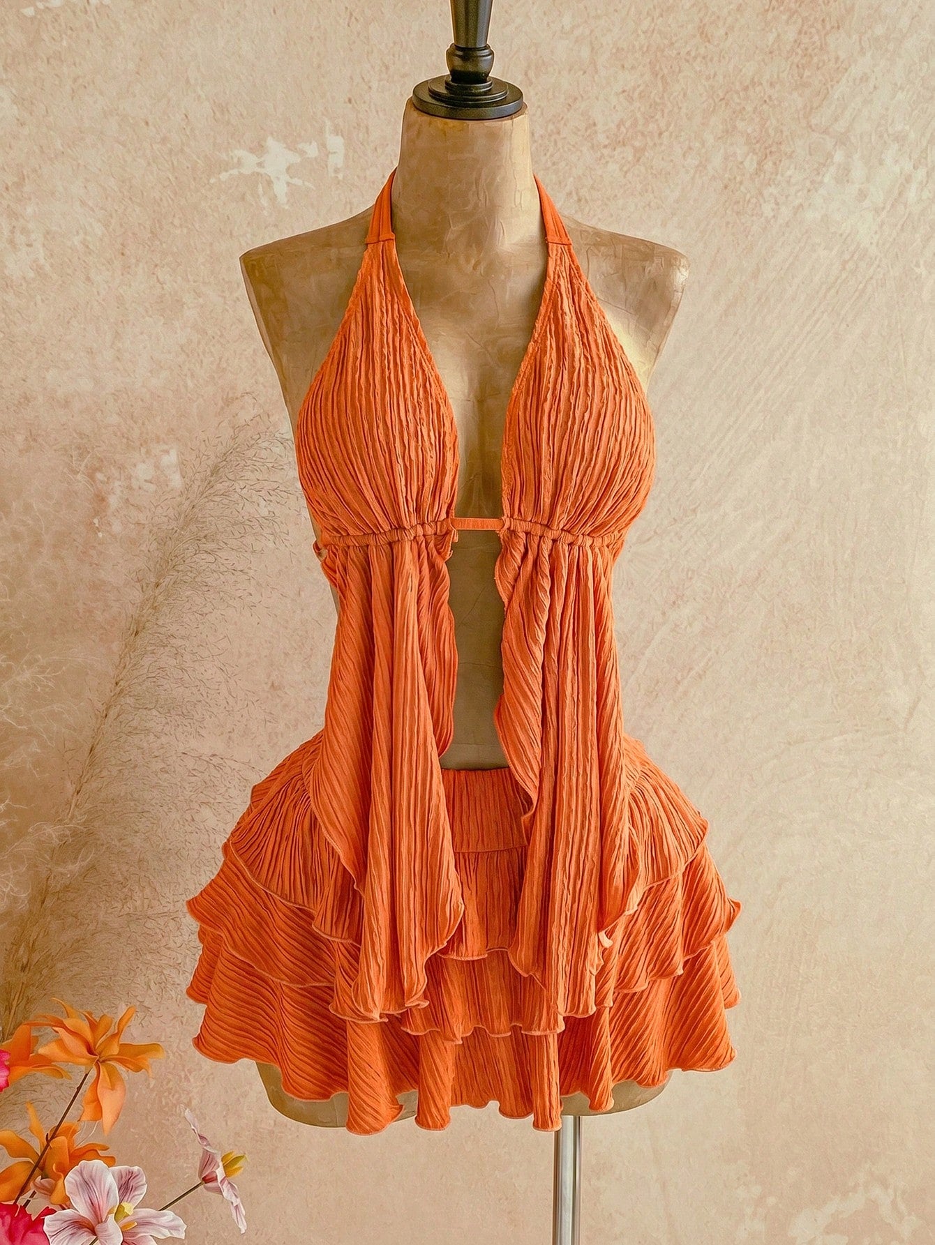 Soleia 2pcs/Set Women's Burnt Orange Summer Tropical Sexy Elegant Holiday Vacation Knit Halter Neck Asymmetric Hem Top + Low Waist Layered Ruffle Skirt Beach