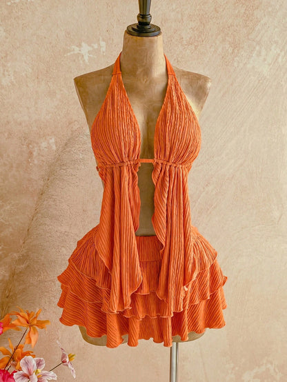 Soleia 2pcs/Set Women's Burnt Orange Summer Tropical Sexy Elegant Holiday Vacation Knit Halter Neck Asymmetric Hem Top + Low Waist Layered Ruffle Skirt Beach