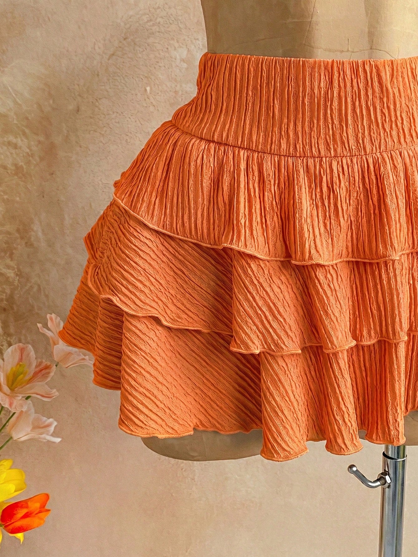 Soleia 2pcs/Set Women's Burnt Orange Summer Tropical Sexy Elegant Holiday Vacation Knit Halter Neck Asymmetric Hem Top + Low Waist Layered Ruffle Skirt Beach