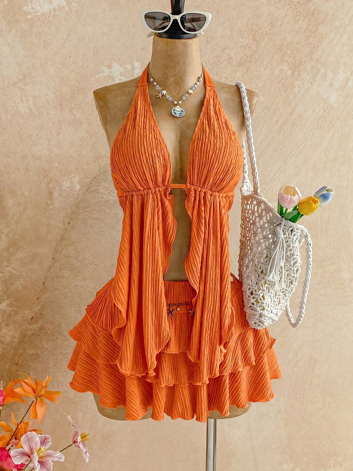 Soleia 2pcs/Set Women's Burnt Orange Summer Tropical Sexy Elegant Holiday Vacation Knit Halter Neck Asymmetric Hem Top + Low Waist Layered Ruffle Skirt Beach