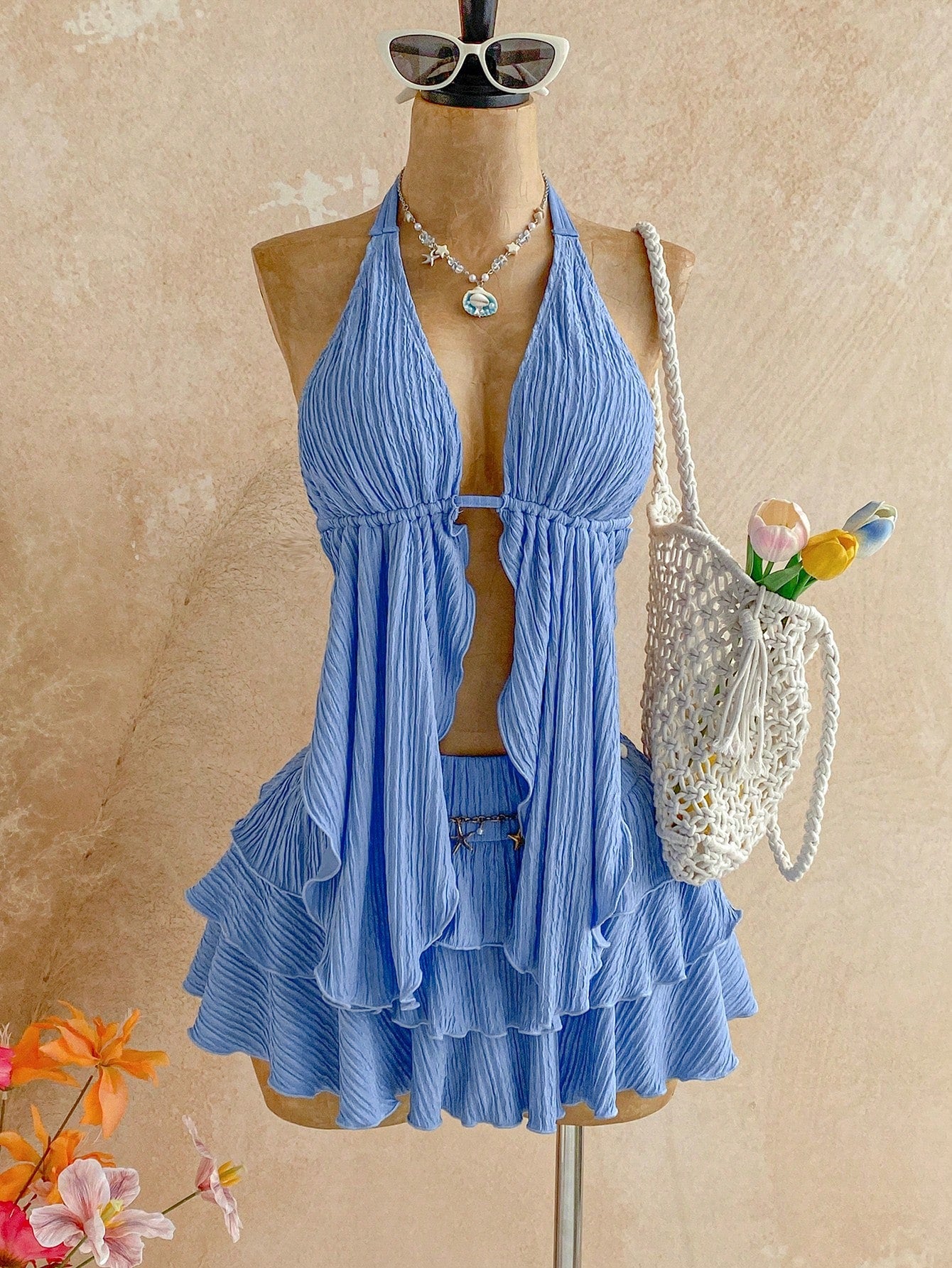 Soleia 2pcs/Set Women's Burnt Orange Summer Tropical Sexy Elegant Holiday Vacation Knit Halter Neck Asymmetric Hem Top + Low Waist Layered Ruffle Skirt Beach