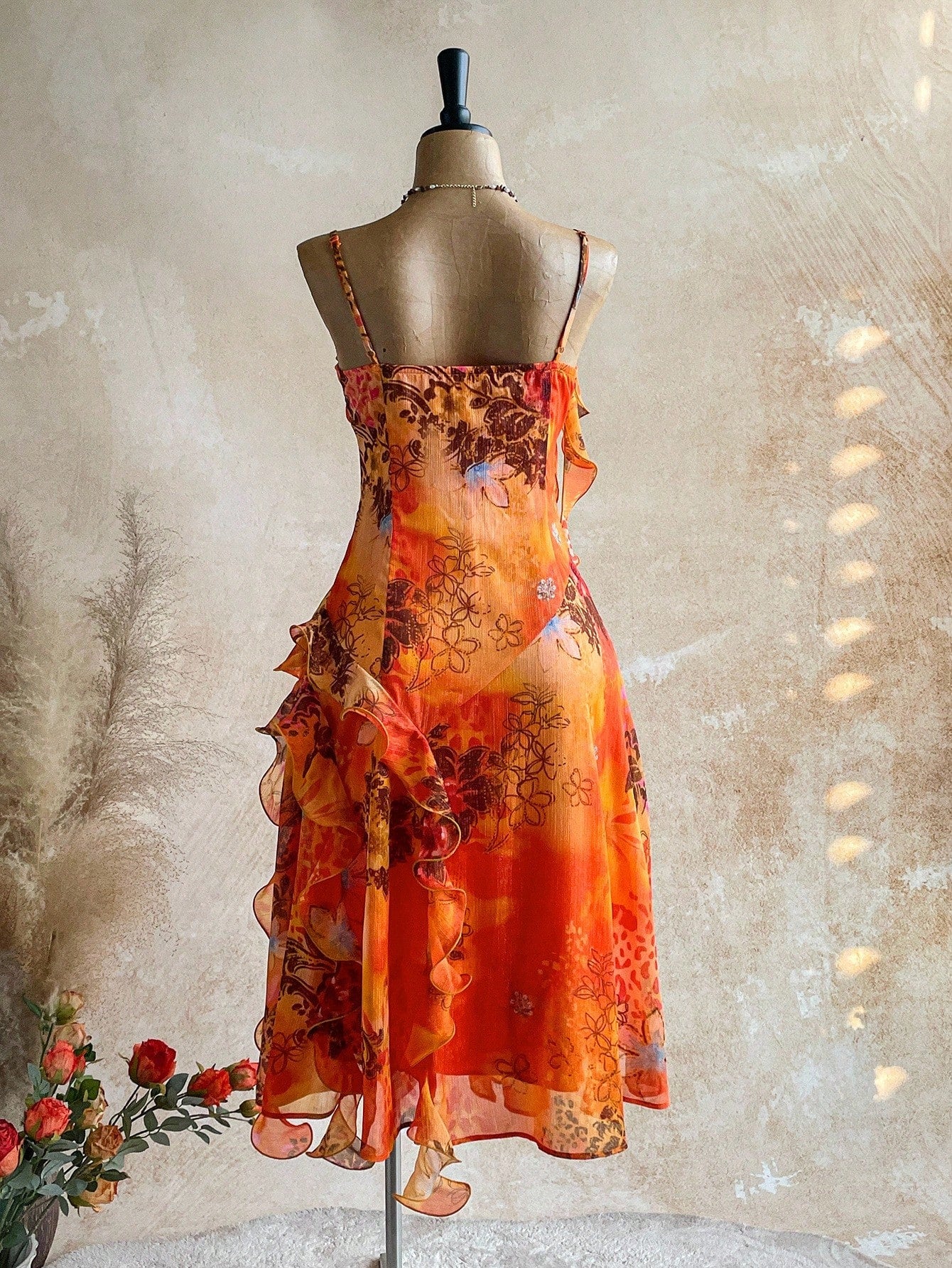 Soleia WYWH Vacation Retro Tropical Bohemian Animal Print Burnt Orange Jellyfish Frill Trim 3D Floral Shiny Chiffon Dress Vacation Beach Summer