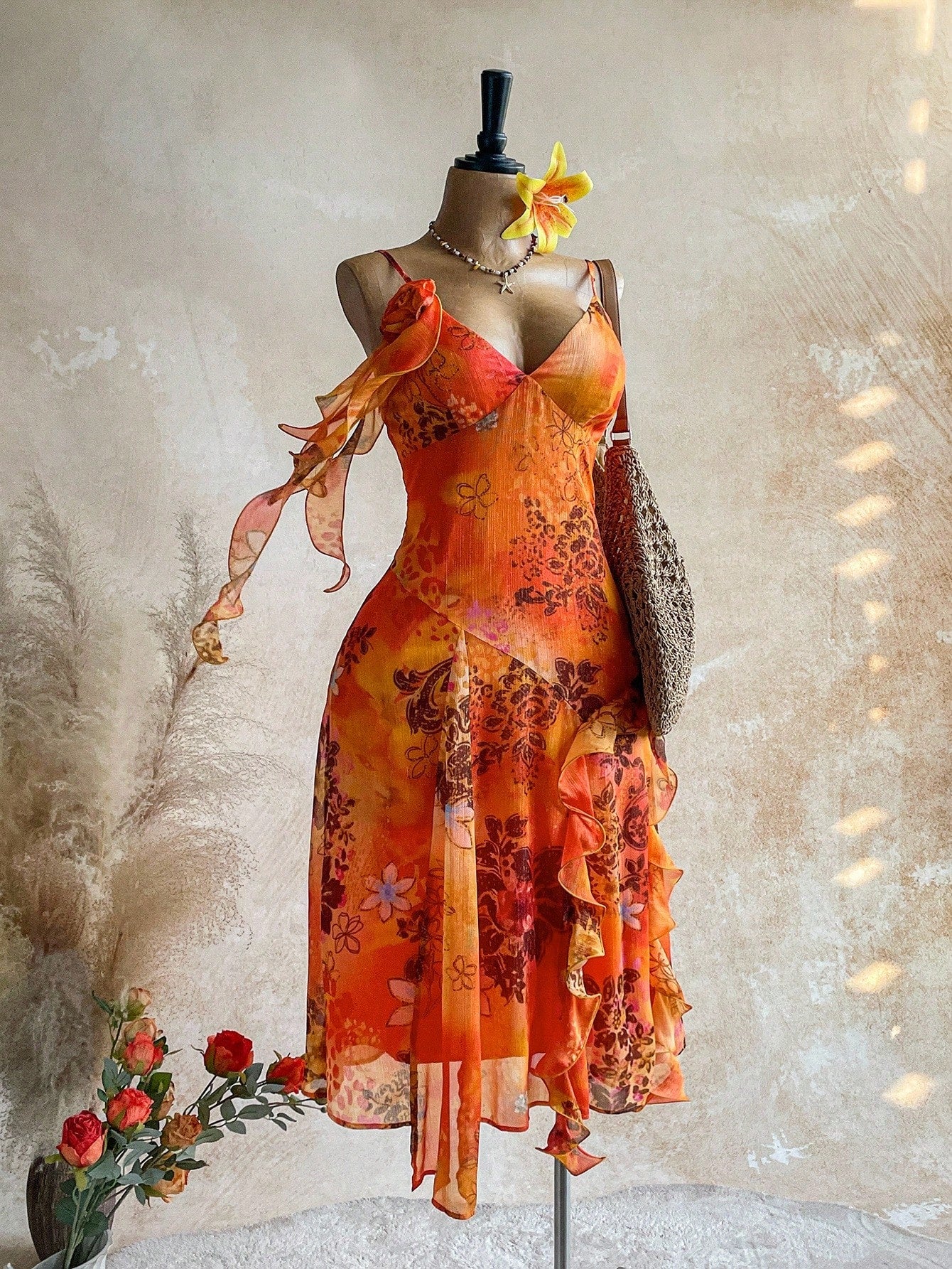 Soleia WYWH Vacation Retro Tropical Bohemian Animal Print Burnt Orange Jellyfish Frill Trim 3D Floral Shiny Chiffon Dress Vacation Beach Summer
