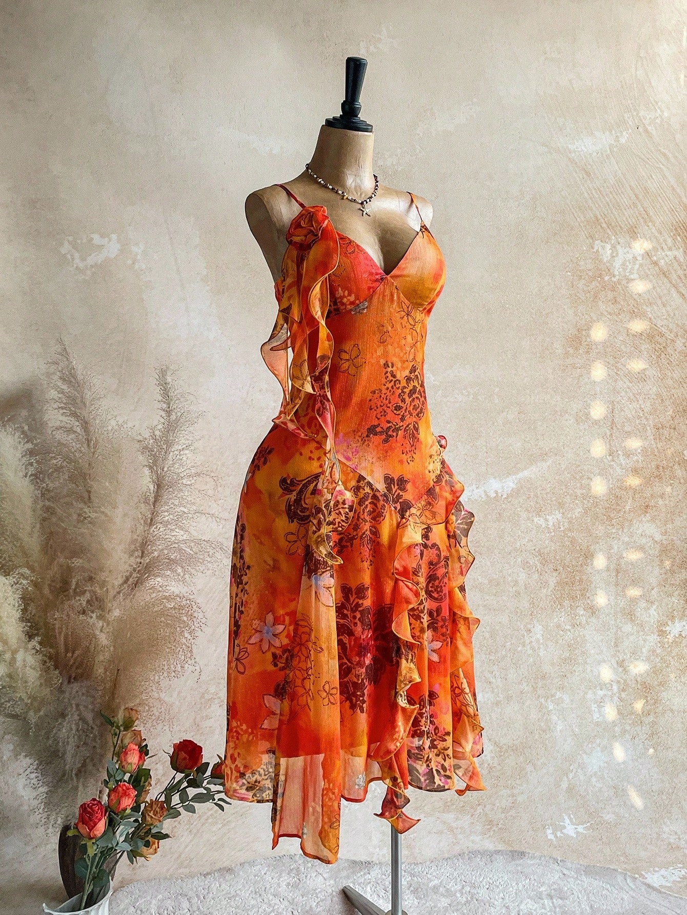 Soleia WYWH Vacation Retro Tropical Bohemian Animal Print Burnt Orange Jellyfish Frill Trim 3D Floral Shiny Chiffon Dress Vacation Beach Summer