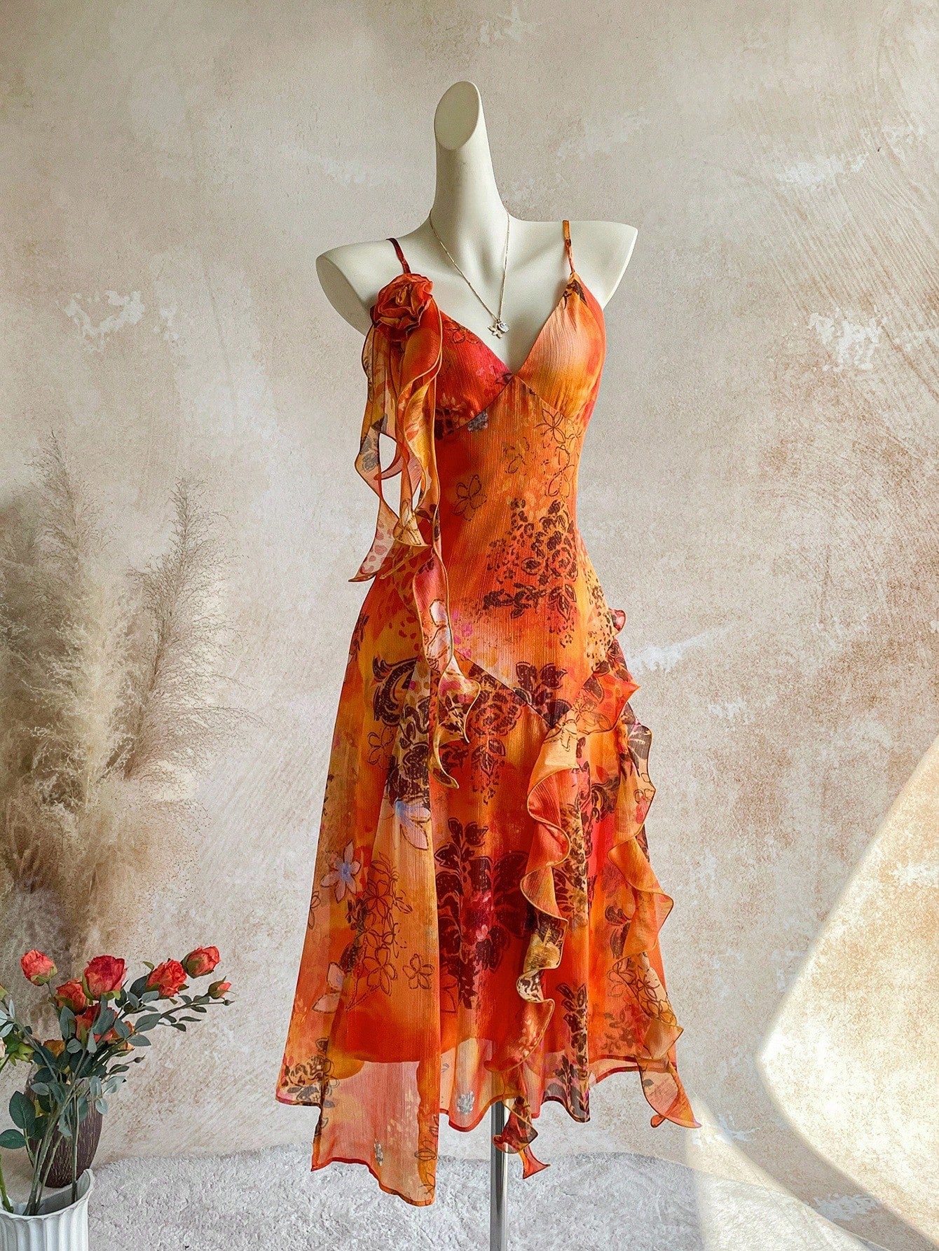 Soleia WYWH Vacation Retro Tropical Bohemian Animal Print Burnt Orange Jellyfish Frill Trim 3D Floral Shiny Chiffon Dress Vacation Beach Summer