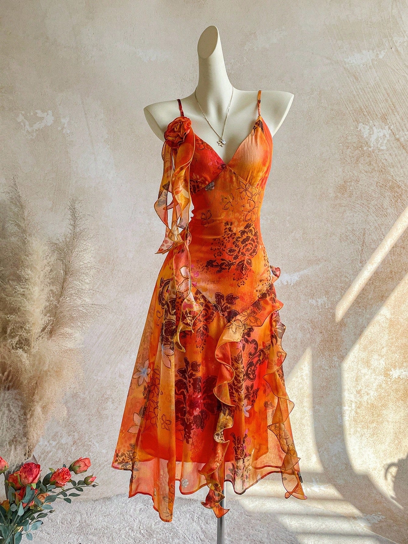 Soleia WYWH Vacation Retro Tropical Bohemian Animal Print Burnt Orange Jellyfish Frill Trim 3D Floral Shiny Chiffon Dress Vacation Beach Summer